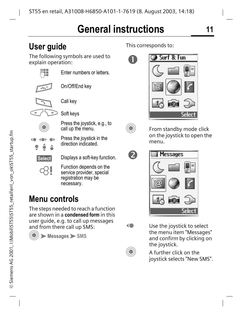 General instructions, User guide, Menu controls | Siemens ST55 User Manual | Page 12 / 88