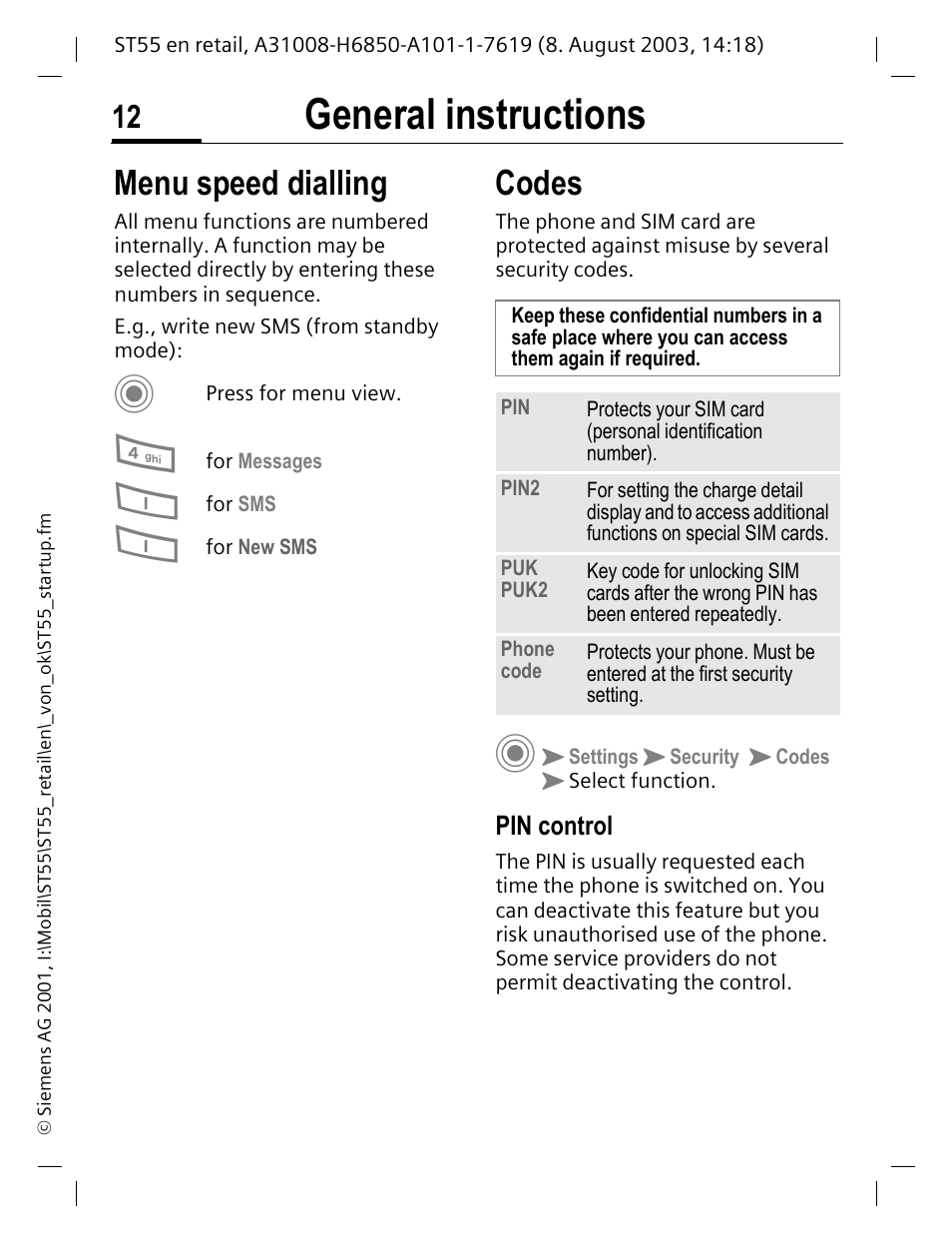 Menu speed dialling, Codes, Pin control | General instructions | Siemens ST55 User Manual | Page 13 / 88