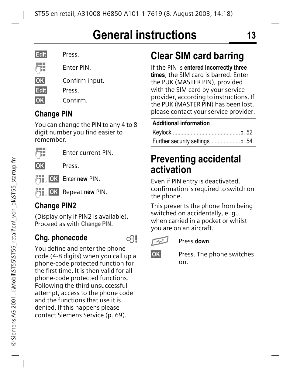 Change pin, Change pin2, Chg. phonecode | Preventing accidental activation, P. 13, General instructions, Clear sim card barring | Siemens ST55 User Manual | Page 14 / 88