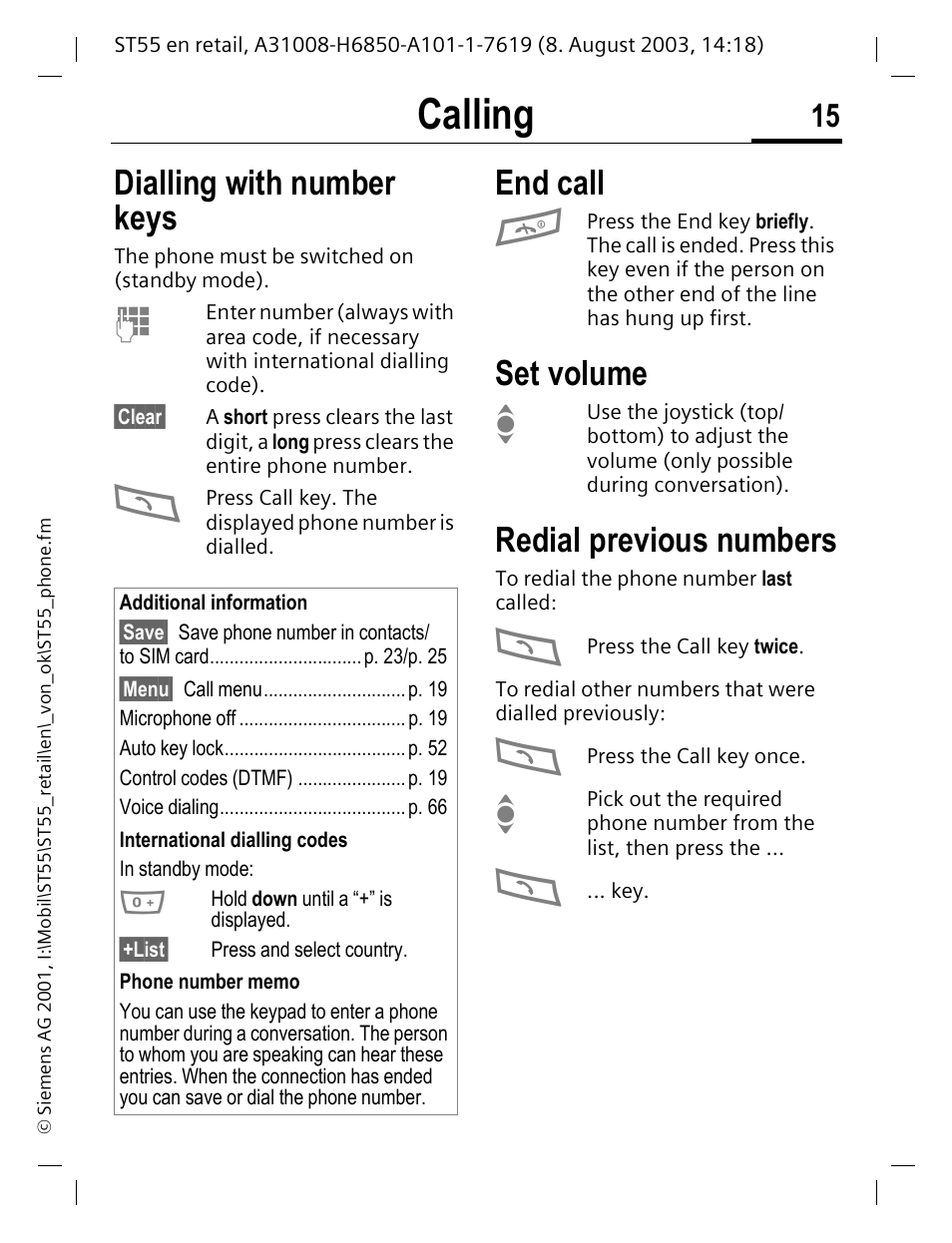 Calling, Dialling with number keys, End call | Set volume, Redial previous numbers, End call set volume | Siemens ST55 User Manual | Page 16 / 88