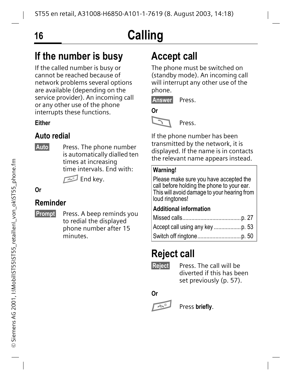 If the number is busy, Auto redial, Reminder | Accept call, Reject call, If the number is busy accept call reject call, Calling | Siemens ST55 User Manual | Page 17 / 88