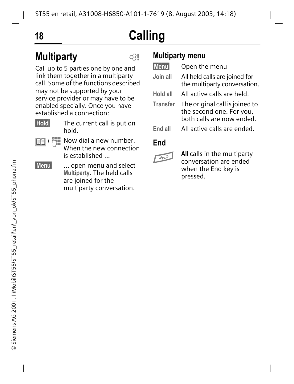 Multiparty, Multiparty menu, Calling | Siemens ST55 User Manual | Page 19 / 88