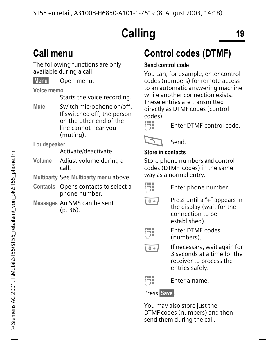 Call menu, Control codes (dtmf), Call menu control codes (dtmf) | P. 19, Calling | Siemens ST55 User Manual | Page 20 / 88