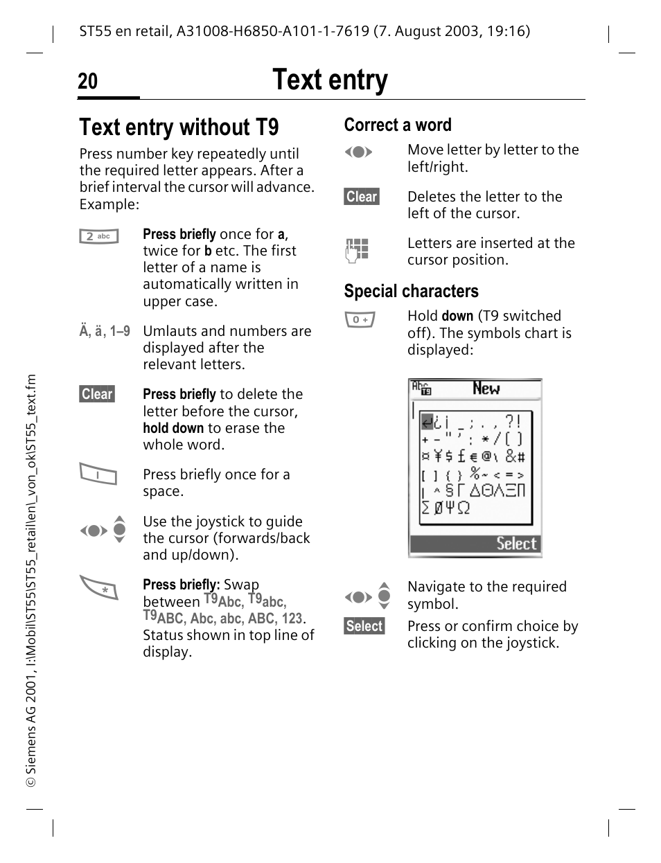 Text entry, Text entry without t9, Correct a word | Special characters | Siemens ST55 User Manual | Page 21 / 88