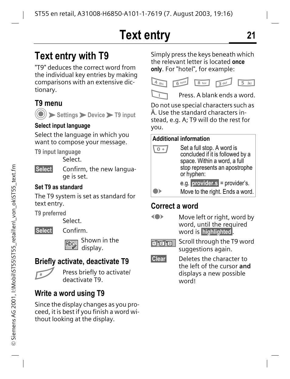 Text entry with t9, T9 menu, Briefly activate, deactivate t9 | Write a word using t9, Correct a word, Text entry | Siemens ST55 User Manual | Page 22 / 88