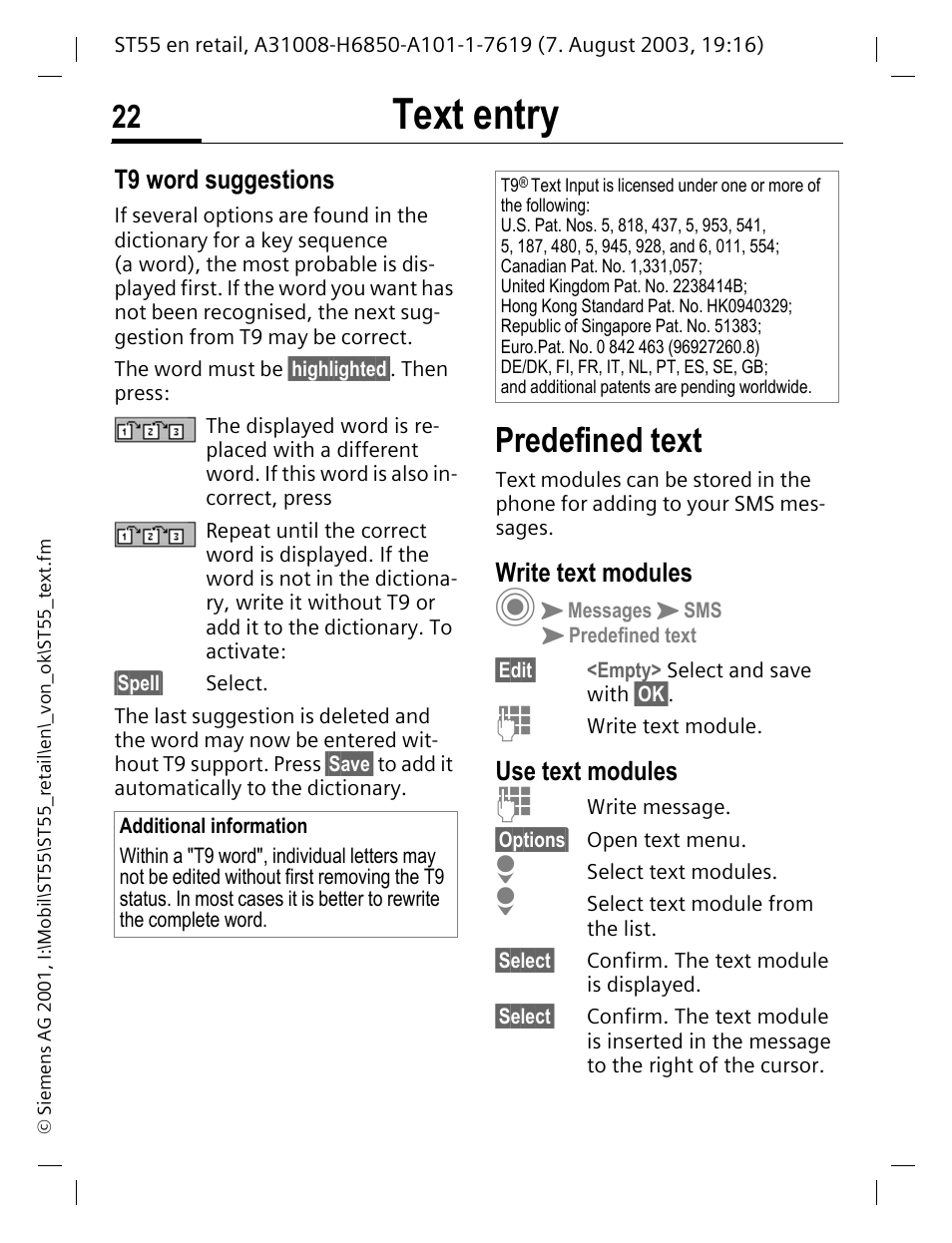 T9 word suggestions, Predefined text, Write text modules | Use text modules, Text entry | Siemens ST55 User Manual | Page 23 / 88