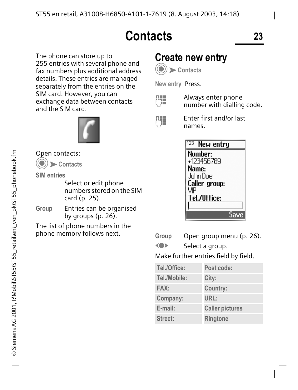 Contacts, Create new entry, P. 23 | Siemens ST55 User Manual | Page 24 / 88