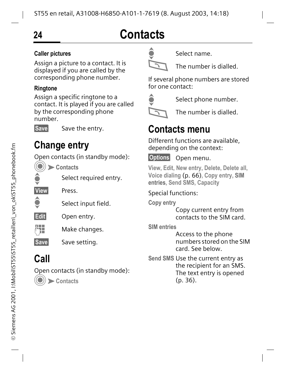 Change entry, Call, Contacts menu | Contacts | Siemens ST55 User Manual | Page 25 / 88