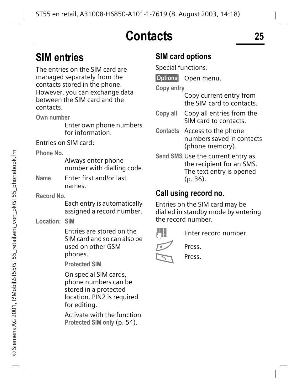 Sim entries, Sim card options, Call using recordno | Options menu for sim entries, p. 25), P. 25, Contacts, Call using record no | Siemens ST55 User Manual | Page 26 / 88