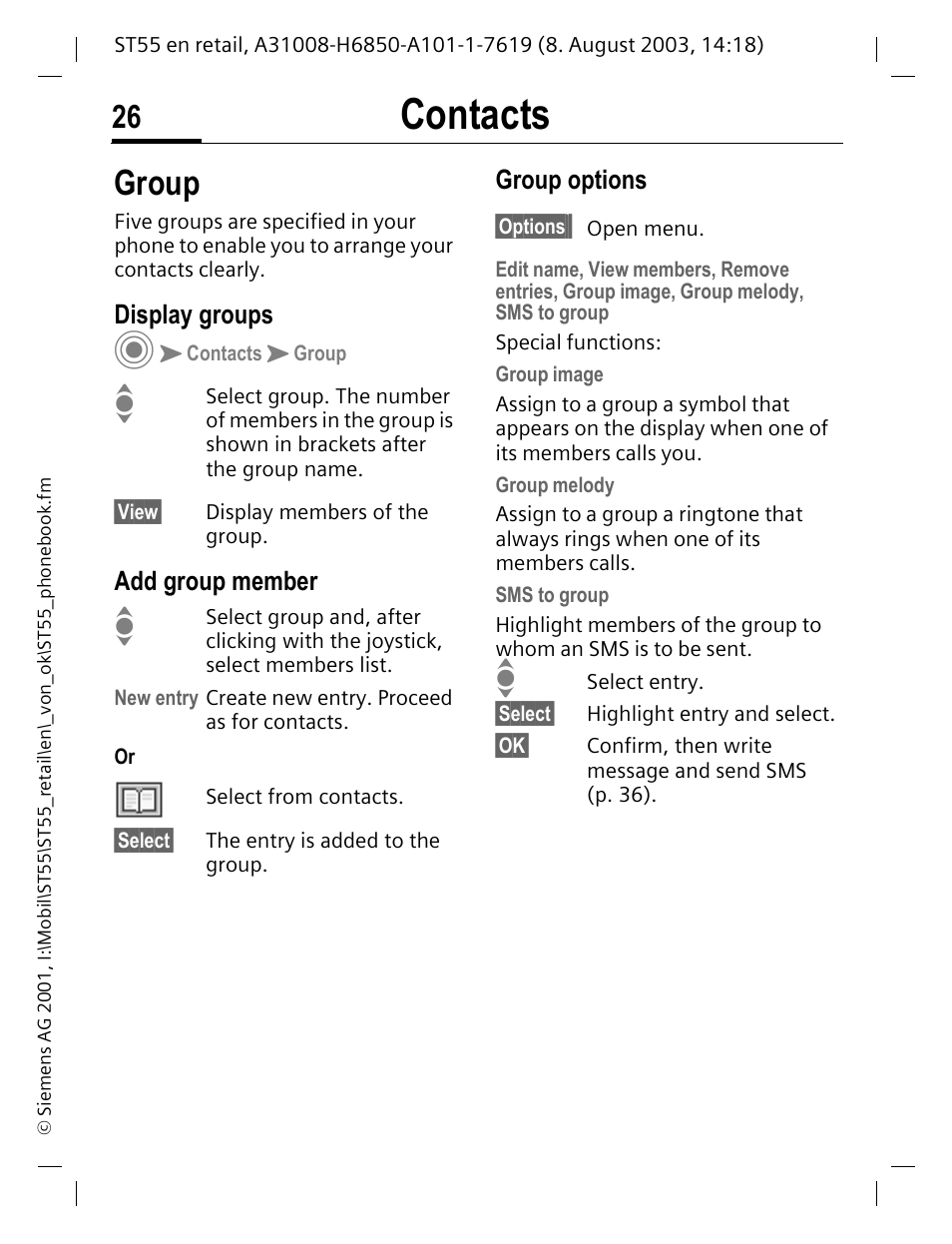 Group, Display groups, Add group member | Group options, Contacts | Siemens ST55 User Manual | Page 27 / 88