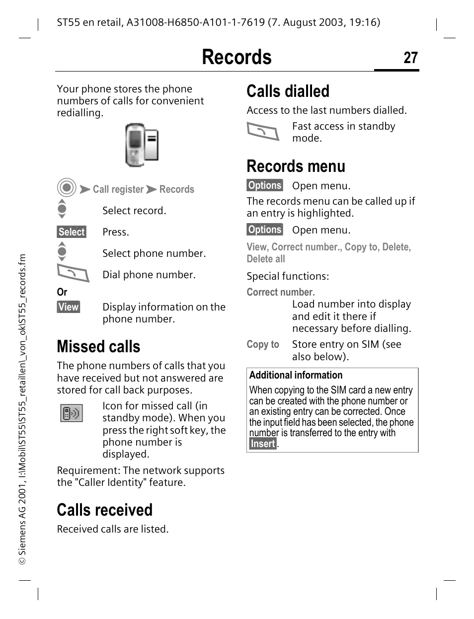 Records, Missed calls, Calls received | Calls dialled, P. 27, Records menu | Siemens ST55 User Manual | Page 28 / 88