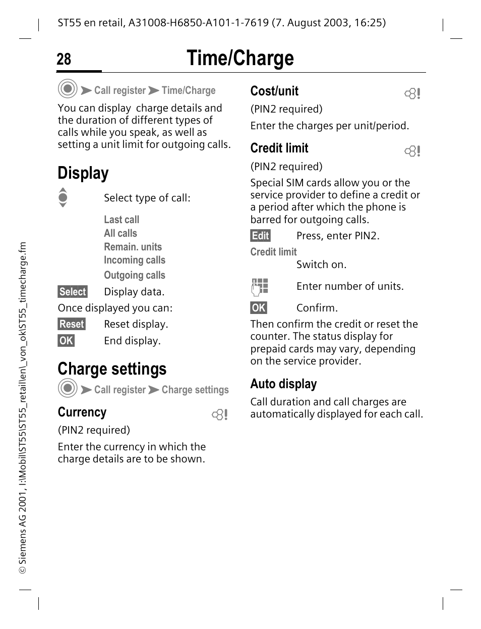 Time/charge, Display, Charge settings | Currency, Cost/unit, Credit limit, Auto display | Siemens ST55 User Manual | Page 29 / 88