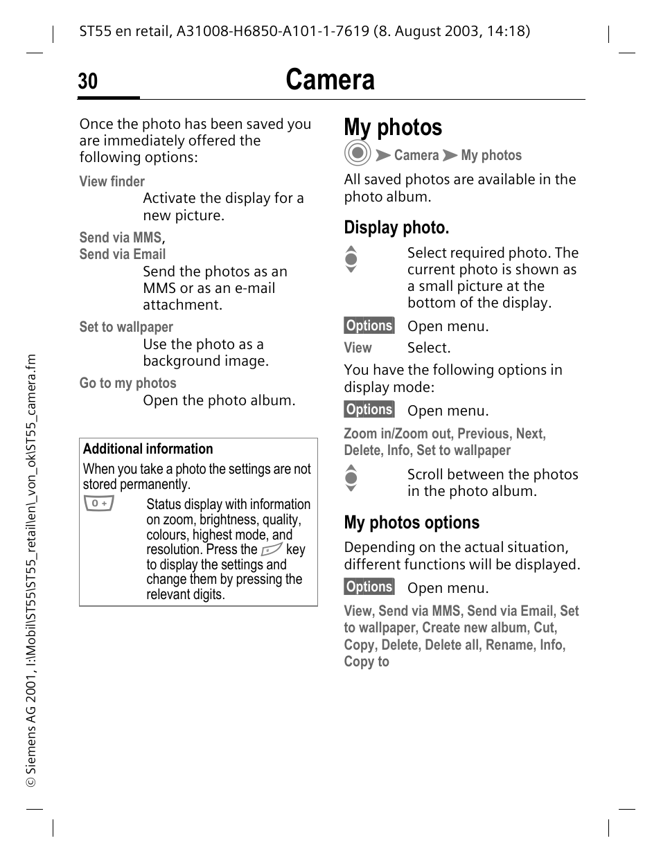 My photos, Display photo, My photos options | Camera | Siemens ST55 User Manual | Page 31 / 88