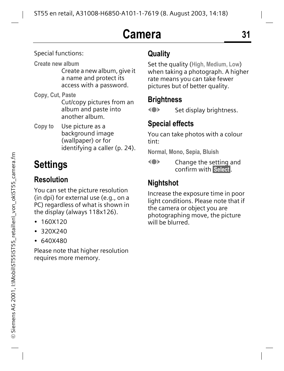 Settings, Resolution, Quality | Brightness, Special effects, Nightshot, Camera | Siemens ST55 User Manual | Page 32 / 88