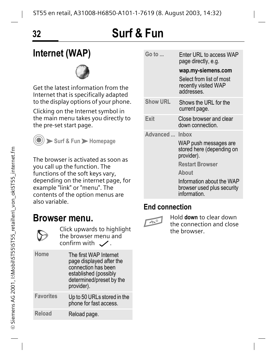 Surf & fun, End connection, Internet (wap) | Browser menu | Siemens ST55 User Manual | Page 33 / 88