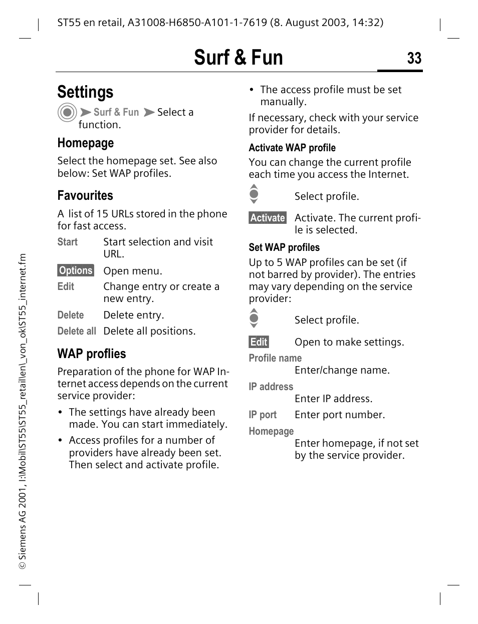 Favourites, Wap proflies, Surf & fun | Settings, Homepage | Siemens ST55 User Manual | Page 34 / 88