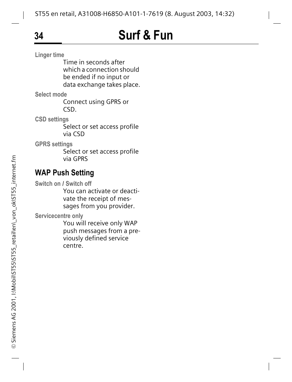 Wap push setting, Surf & fun | Siemens ST55 User Manual | Page 35 / 88