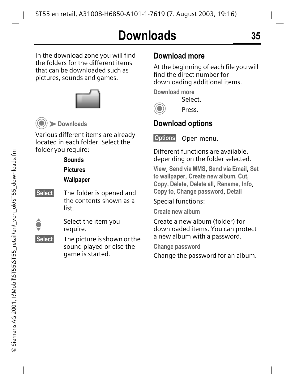 Downloads, Download more, Download options | Siemens ST55 User Manual | Page 36 / 88