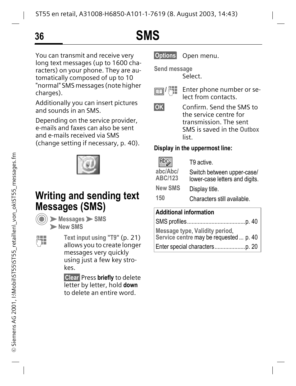 Writing and sending text messages (sms) | Siemens ST55 User Manual | Page 37 / 88