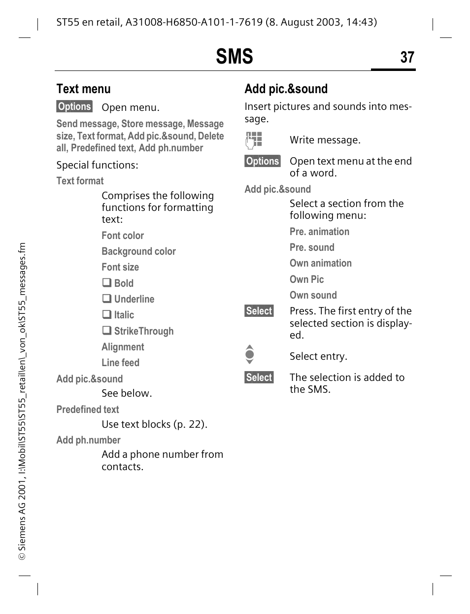 Text menu, Add pic.&sound | Siemens ST55 User Manual | Page 38 / 88