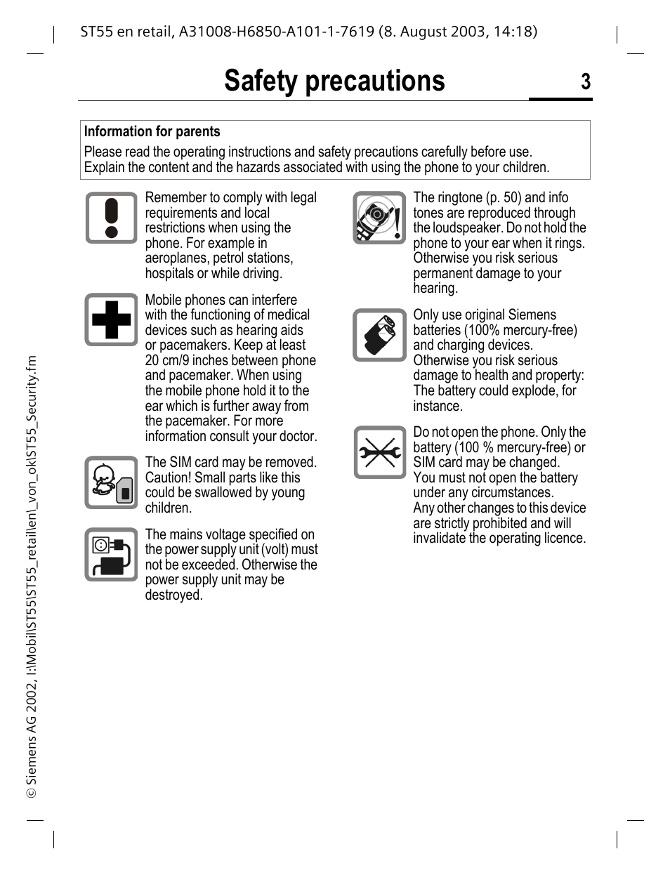 Safety precautions, Information for parents | Siemens ST55 User Manual | Page 4 / 88