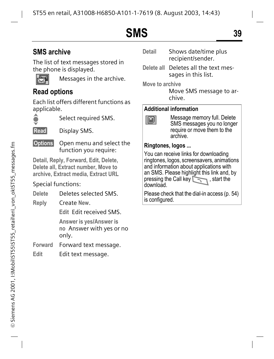 Sms archive, Read options | Siemens ST55 User Manual | Page 40 / 88