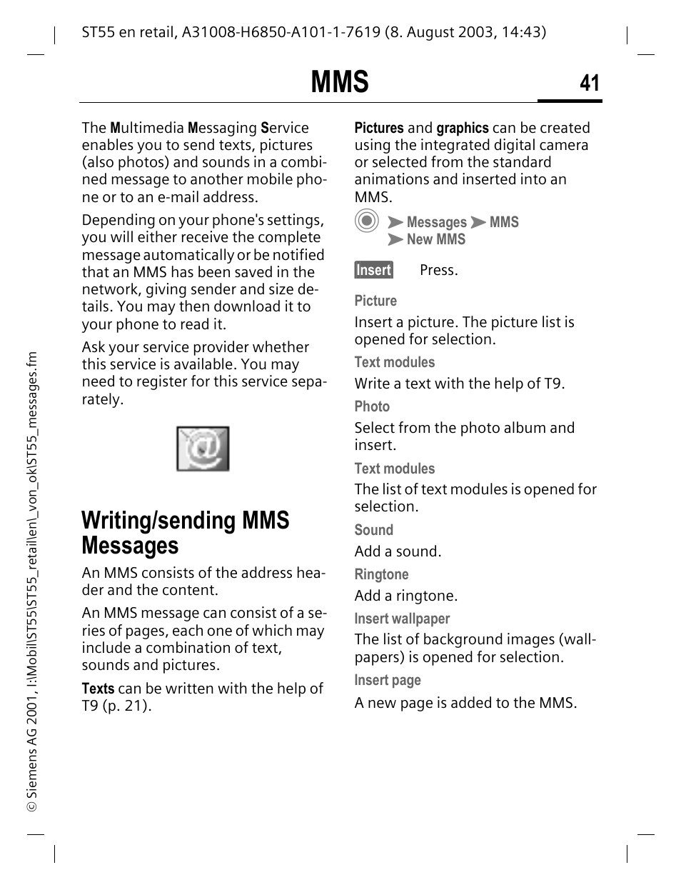 Writing/sending mms messages | Siemens ST55 User Manual | Page 42 / 88