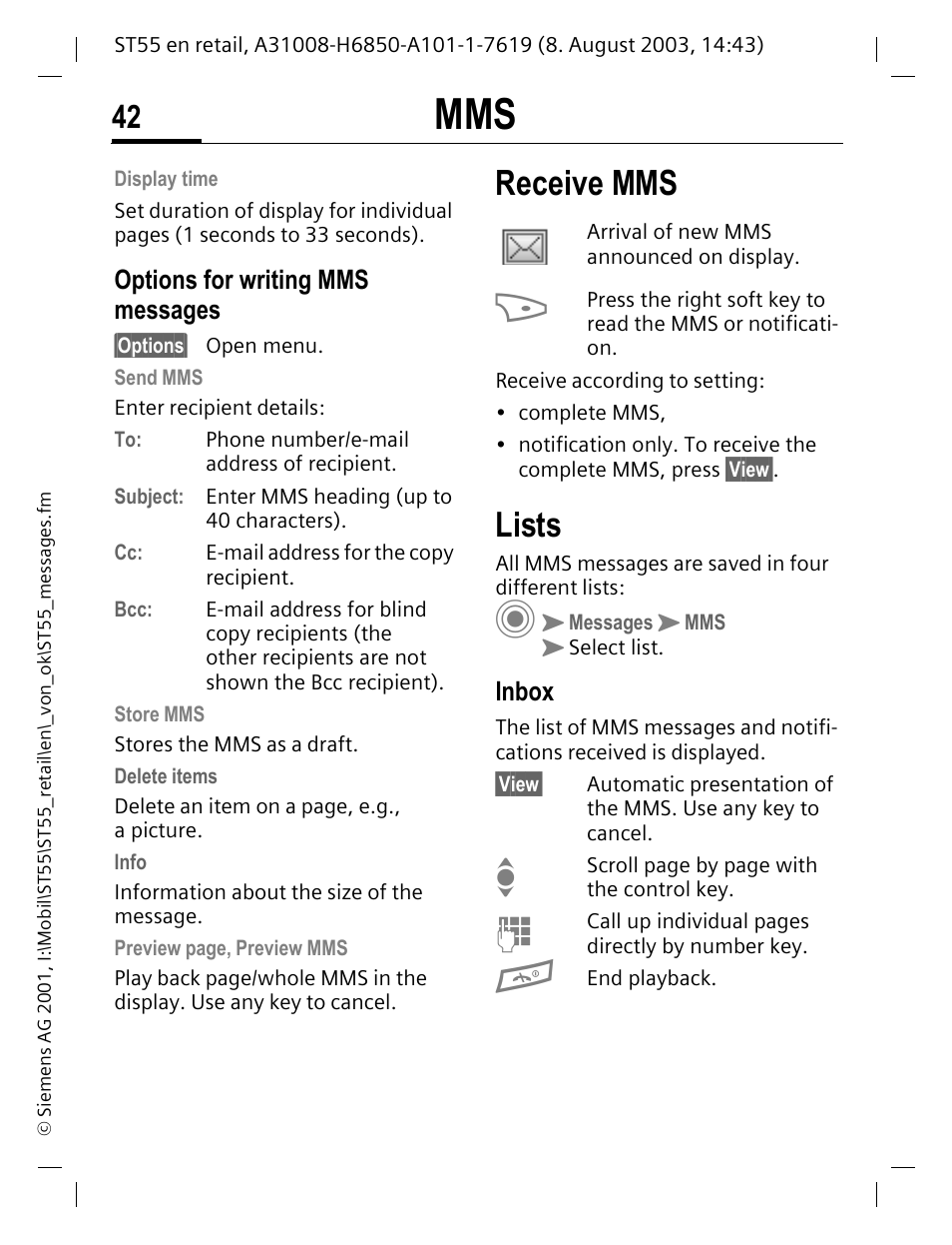 Options for writing mms messages, Receive mms, Lists | Inbox, Receive mms lists | Siemens ST55 User Manual | Page 43 / 88