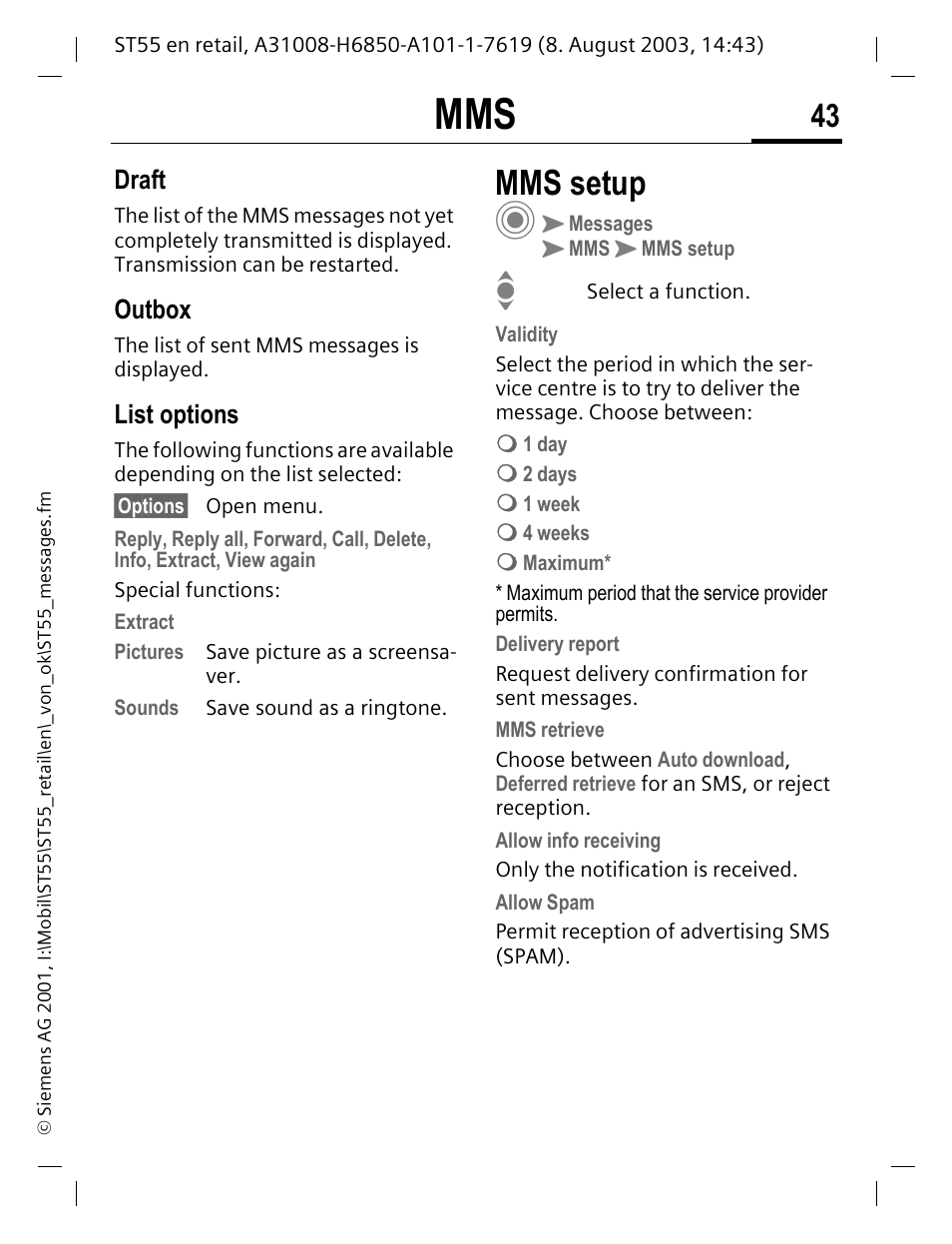 Draft, Outbox, List options | Mms setup | Siemens ST55 User Manual | Page 44 / 88