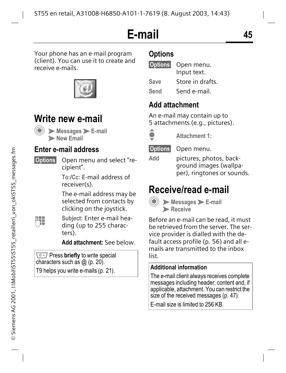 E-mail, Write new e-mail, Options | Add attachment, Receive/read e-mail, Enter e-mail address | Siemens ST55 User Manual | Page 46 / 88