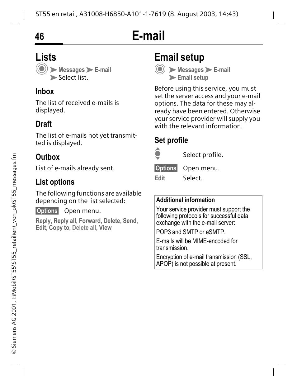 Inbox, Draft, Outbox | List options, Email setup, Set profile, E-mail, Lists | Siemens ST55 User Manual | Page 47 / 88