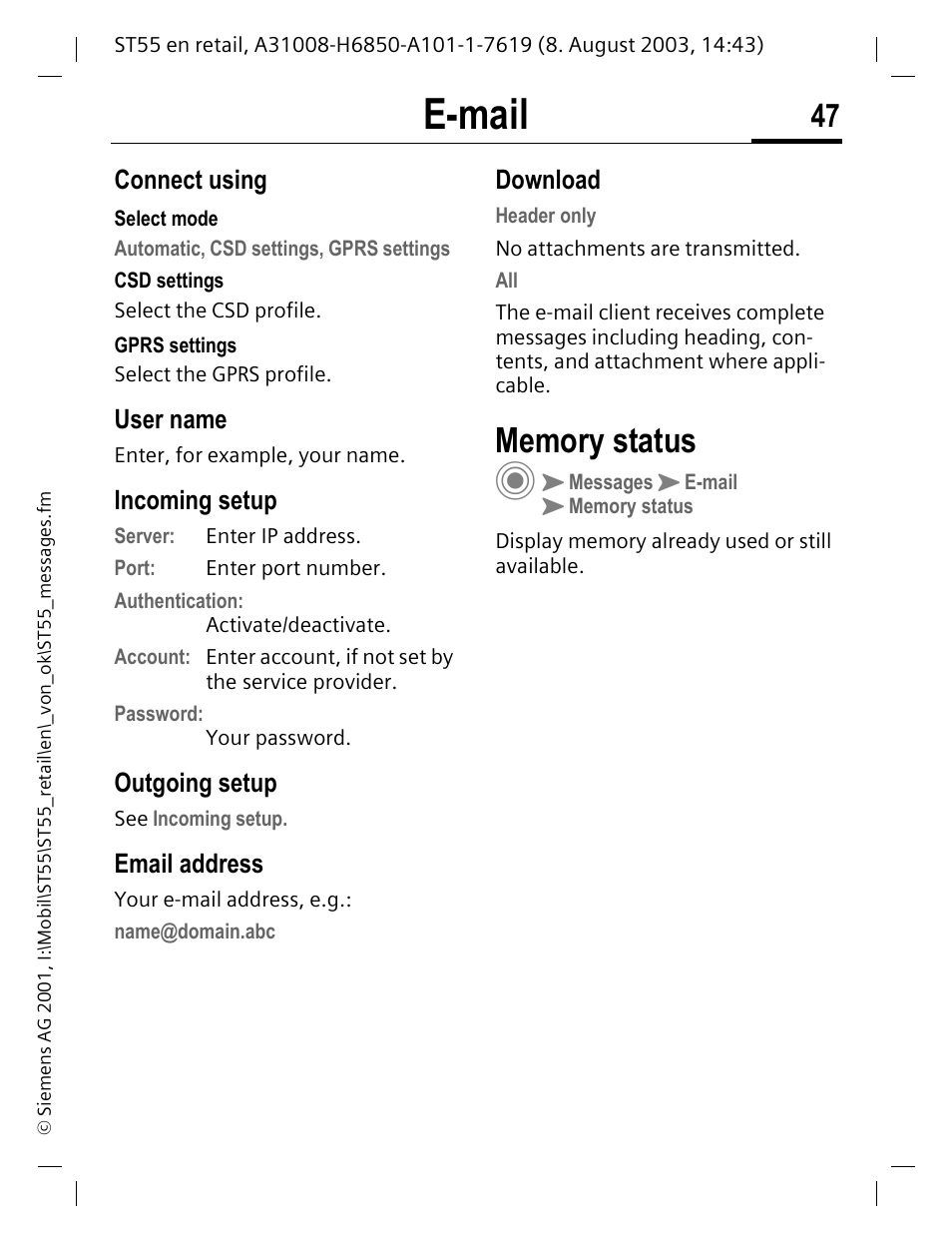 Connect using, User name, Incoming setup | Outgoing setup, Email address, Download, Ges (p. 47), E-mail | Siemens ST55 User Manual | Page 48 / 88