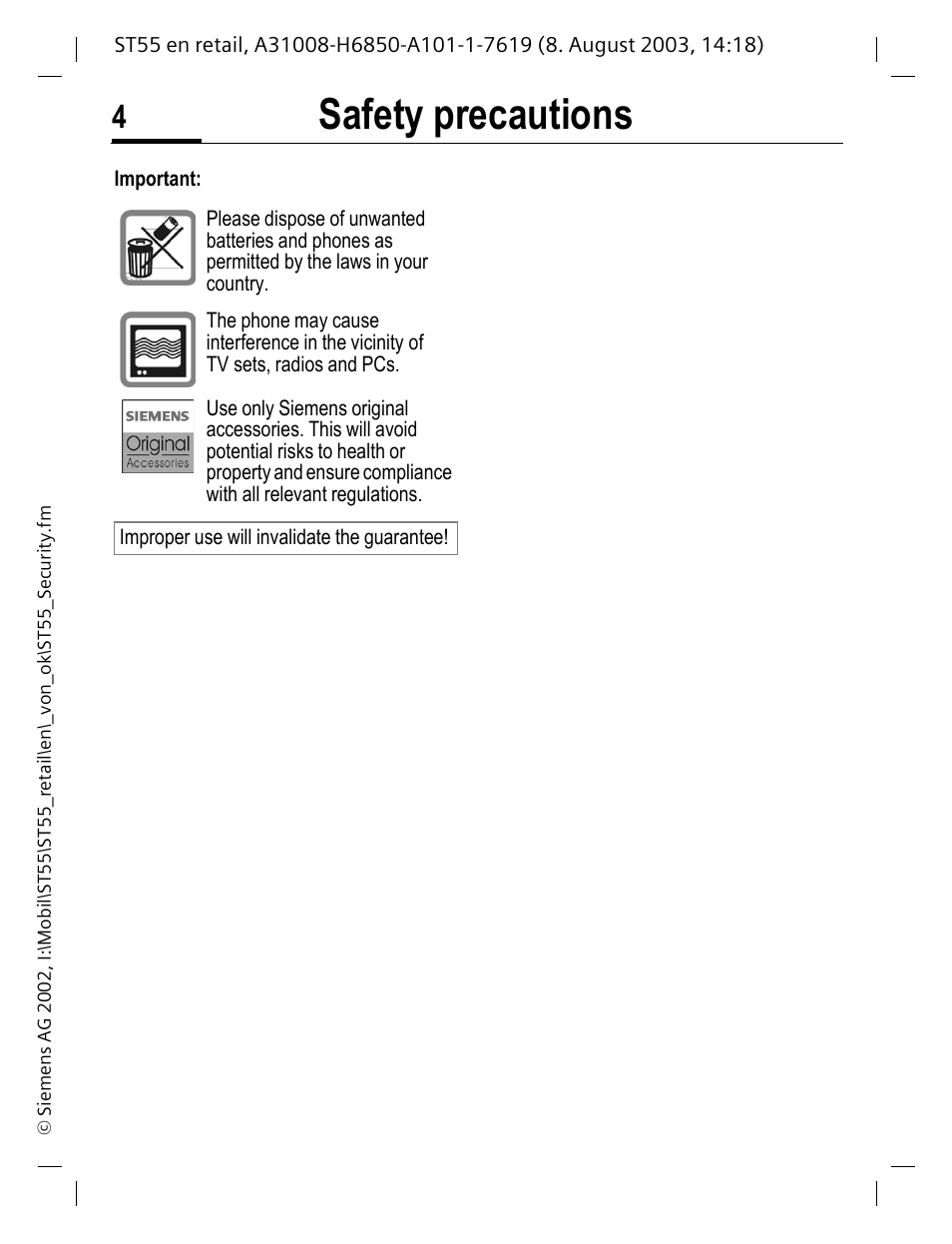 Important, Safety precautions | Siemens ST55 User Manual | Page 5 / 88