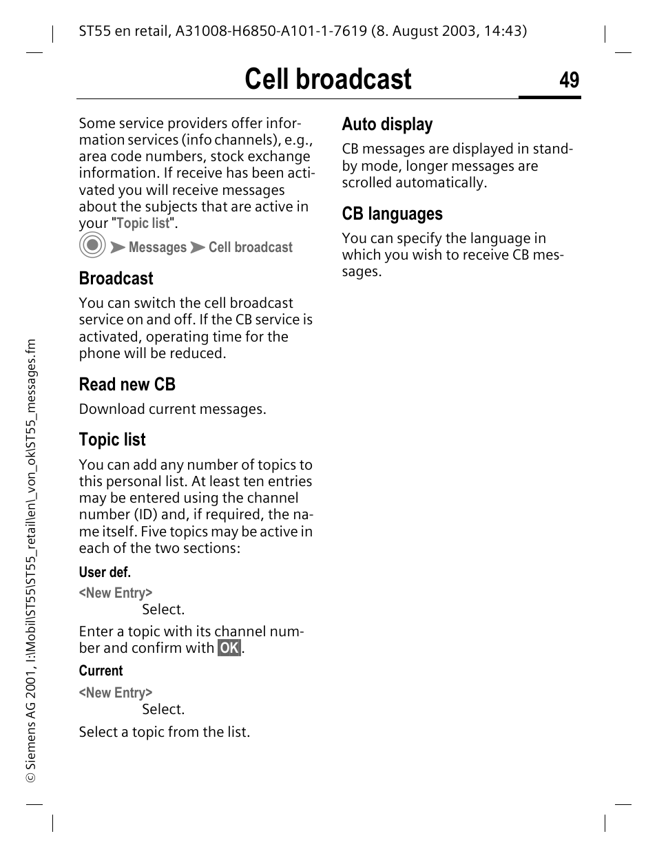 Cell broadcast, Broadcast, Read new cb | Topic list, Auto display, Cb languages | Siemens ST55 User Manual | Page 50 / 88