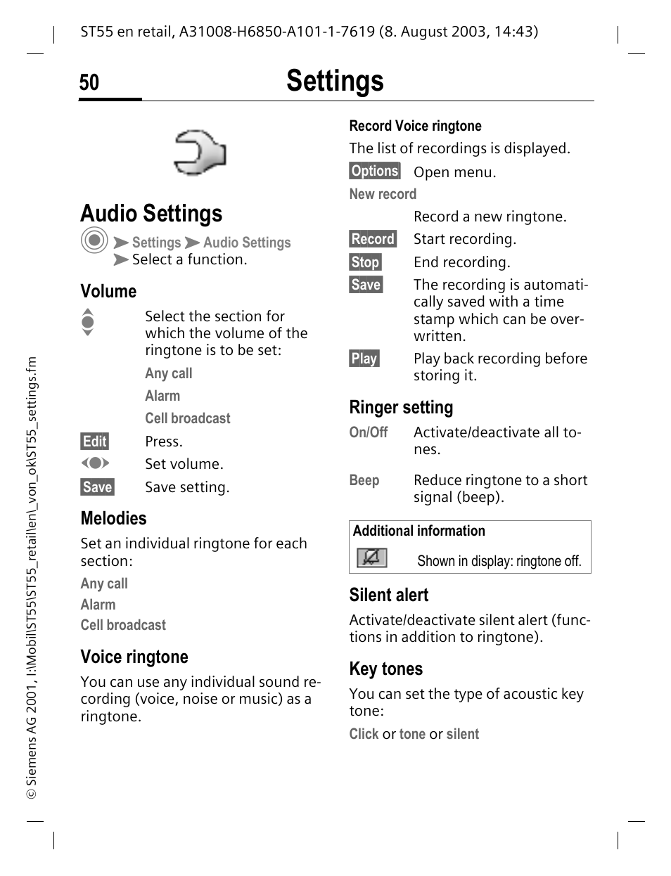 Settings, Audio settings, Volume | Melodies, Voice ringtone, Ringer setting, Silent alert, Key tones, P. 50 | Siemens ST55 User Manual | Page 51 / 88