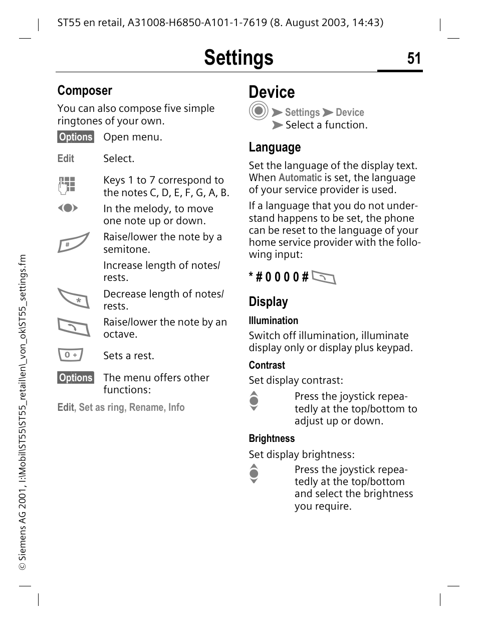 Composer, Device, Language | 0 0 0 0 # b, Display, Settings | Siemens ST55 User Manual | Page 52 / 88