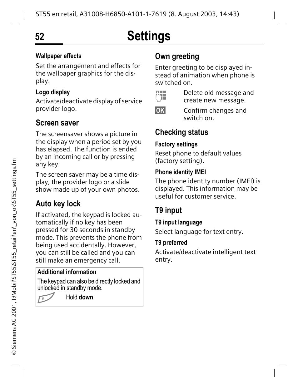 Screen saver, Auto key lock, Own greeting | Checking status, T9 input, P. 52, Settings | Siemens ST55 User Manual | Page 53 / 88