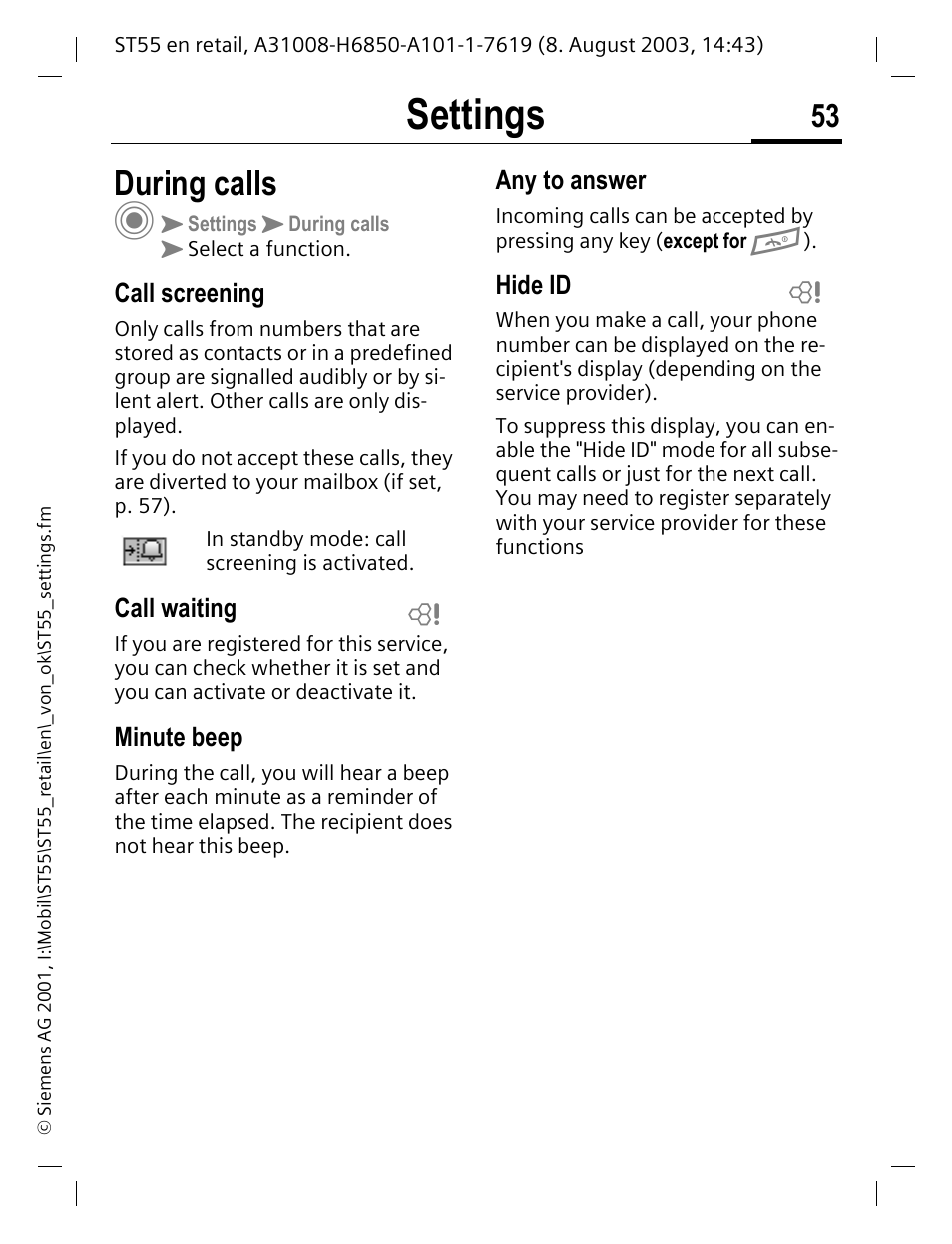 During calls, Call screening, Call waiting | Minute beep, Any to answer, Hide id, P. 53, Settings | Siemens ST55 User Manual | Page 54 / 88