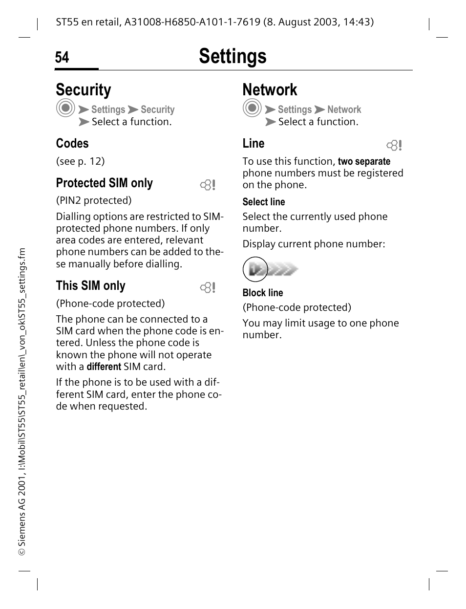 Security, Codes, Protected sim only | This sim only, Network, Line, Security network, Settings | Siemens ST55 User Manual | Page 55 / 88