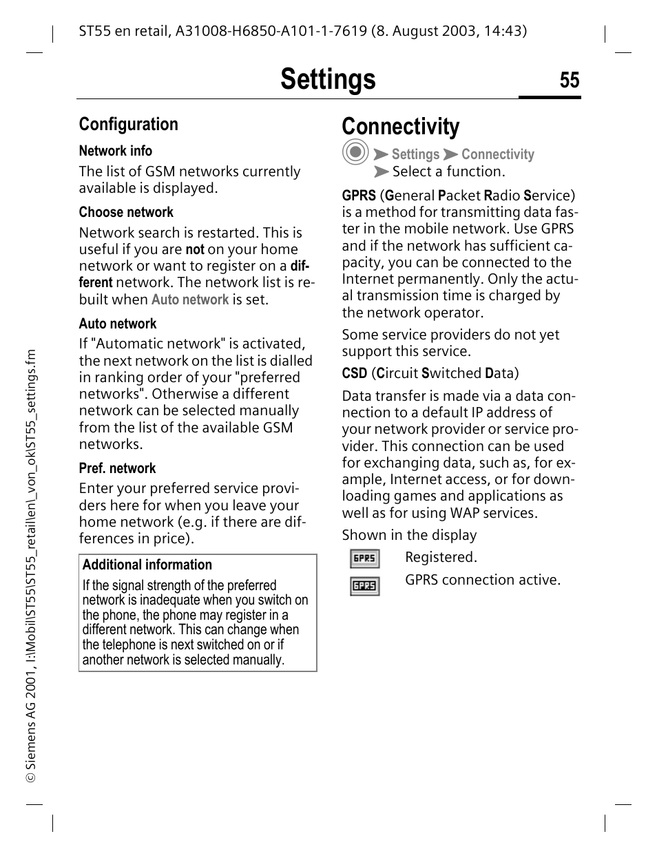 Configuration, Connectivity, P. 55 | Settings | Siemens ST55 User Manual | Page 56 / 88