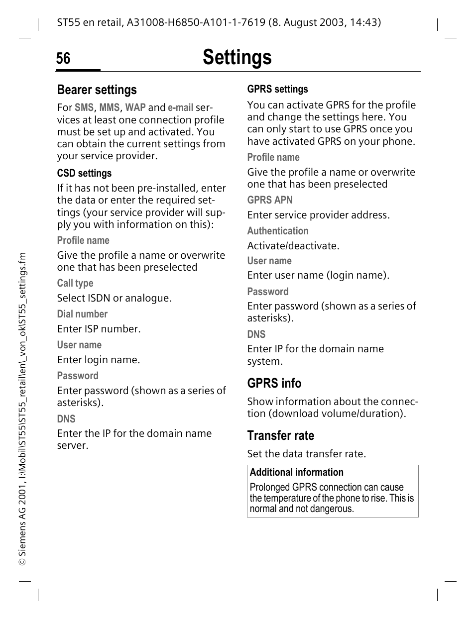 Bearer settings, Gprs info, Transfer rate | Ile (p. 56) a, Settings | Siemens ST55 User Manual | Page 57 / 88