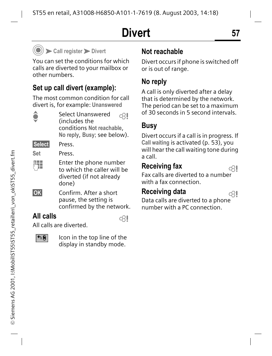 Divert, Set up call divert (example), Not reachable | No reply, Busy, P. 57) | Siemens ST55 User Manual | Page 58 / 88