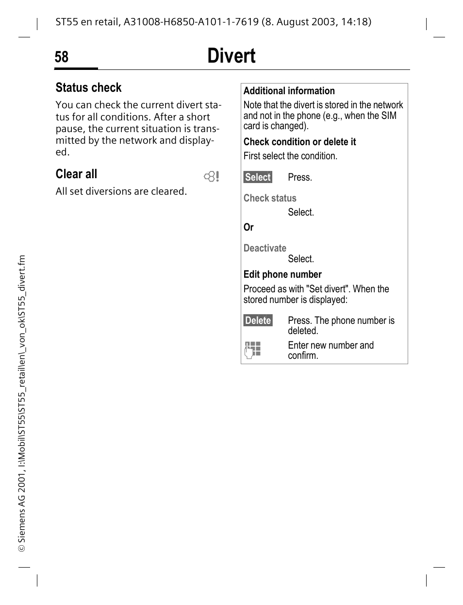 Status check, Clear all, Divert | Siemens ST55 User Manual | Page 59 / 88