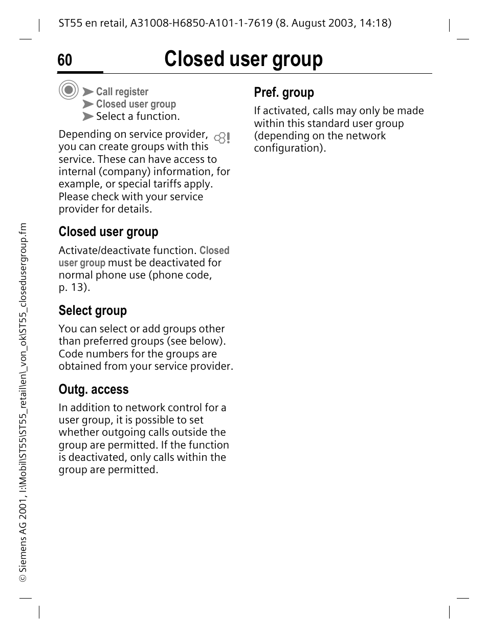 Closed user group, Select group, Outg. access | Pref. group | Siemens ST55 User Manual | Page 61 / 88