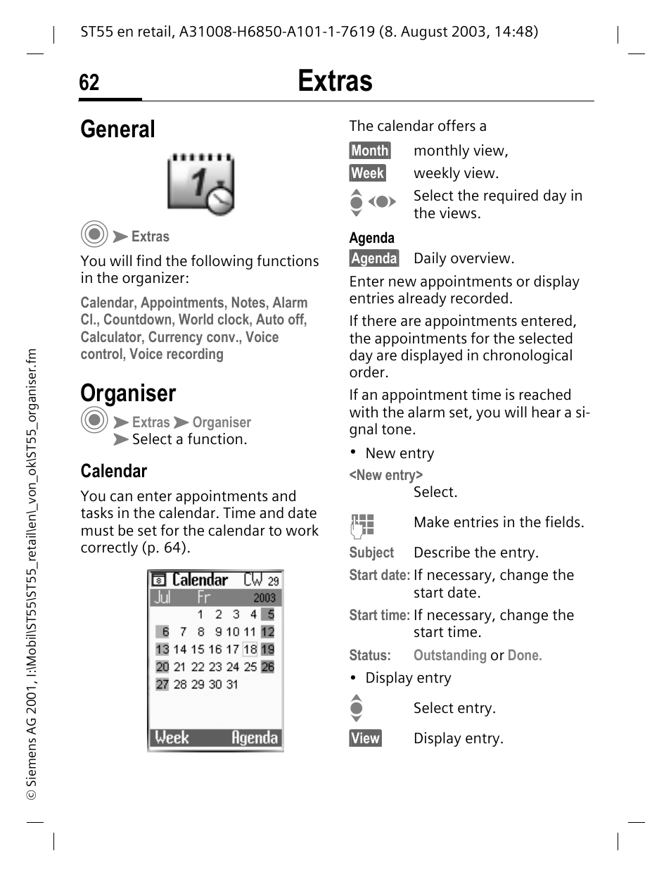 Extras, General, Organiser | Calendar | Siemens ST55 User Manual | Page 63 / 88