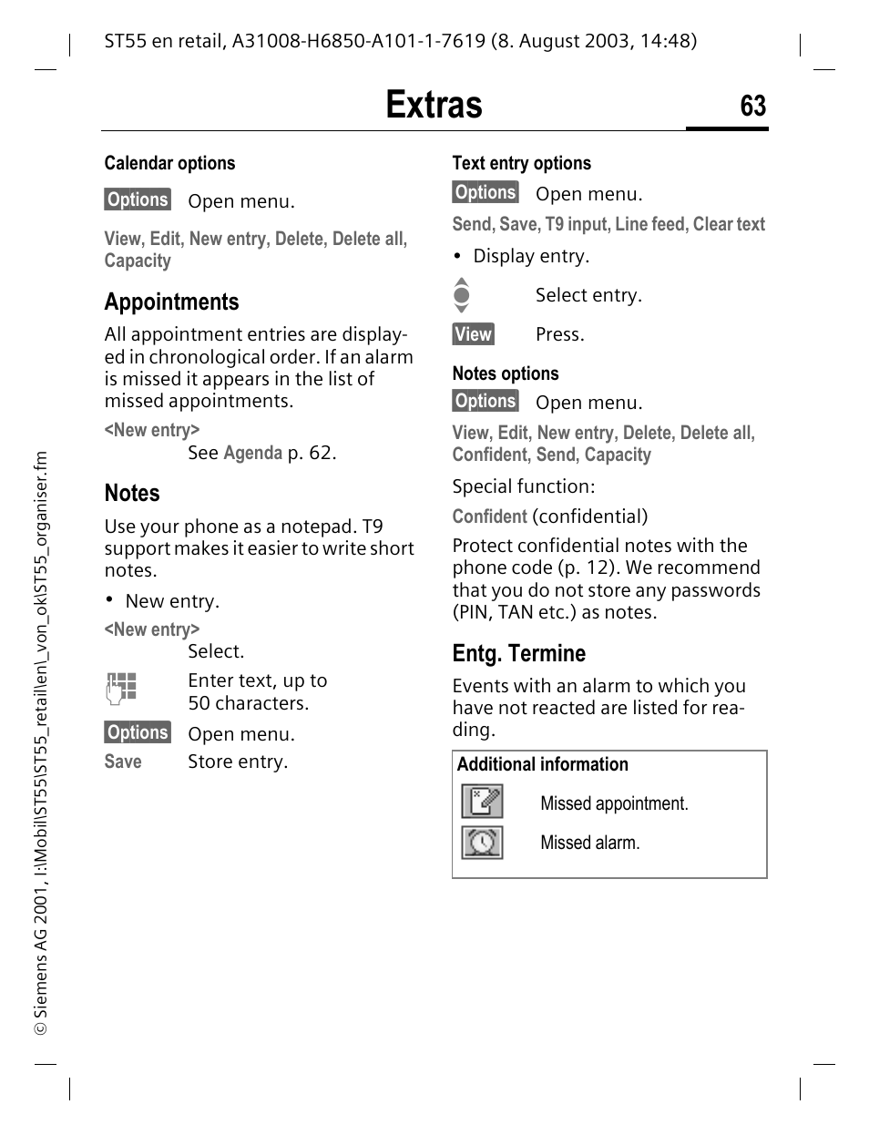 Appointments, Notes, Entg. termine | Extras | Siemens ST55 User Manual | Page 64 / 88