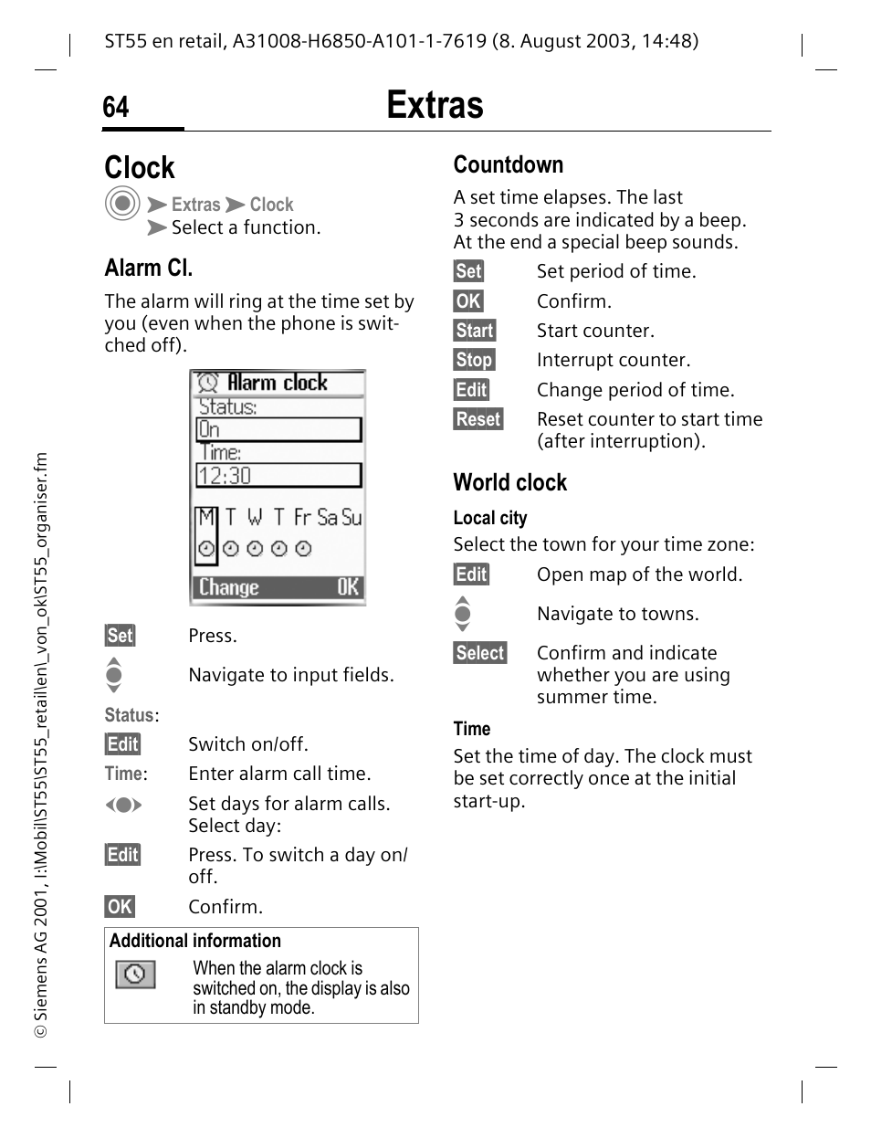 Clock, Alarm cl, Countdown | World clock, Extras | Siemens ST55 User Manual | Page 65 / 88