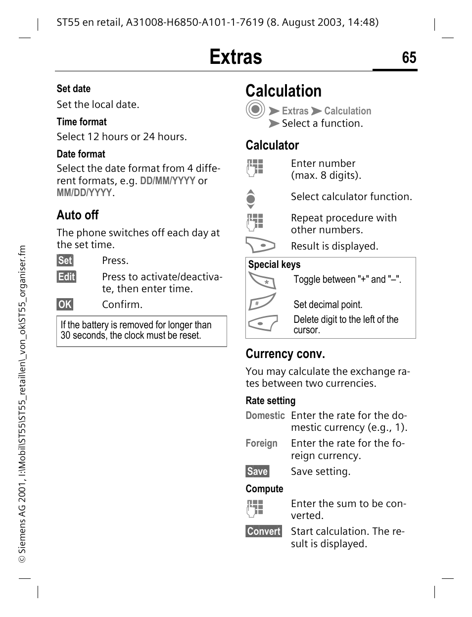 Auto off, Calculation, Calculator | Currency conv, Extras | Siemens ST55 User Manual | Page 66 / 88