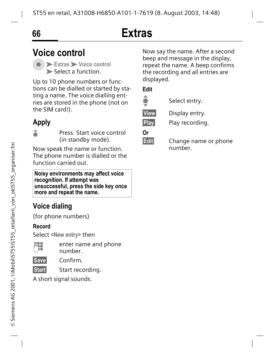 Voice control, Apply, Voice dialing | P. 66, Extras | Siemens ST55 User Manual | Page 67 / 88