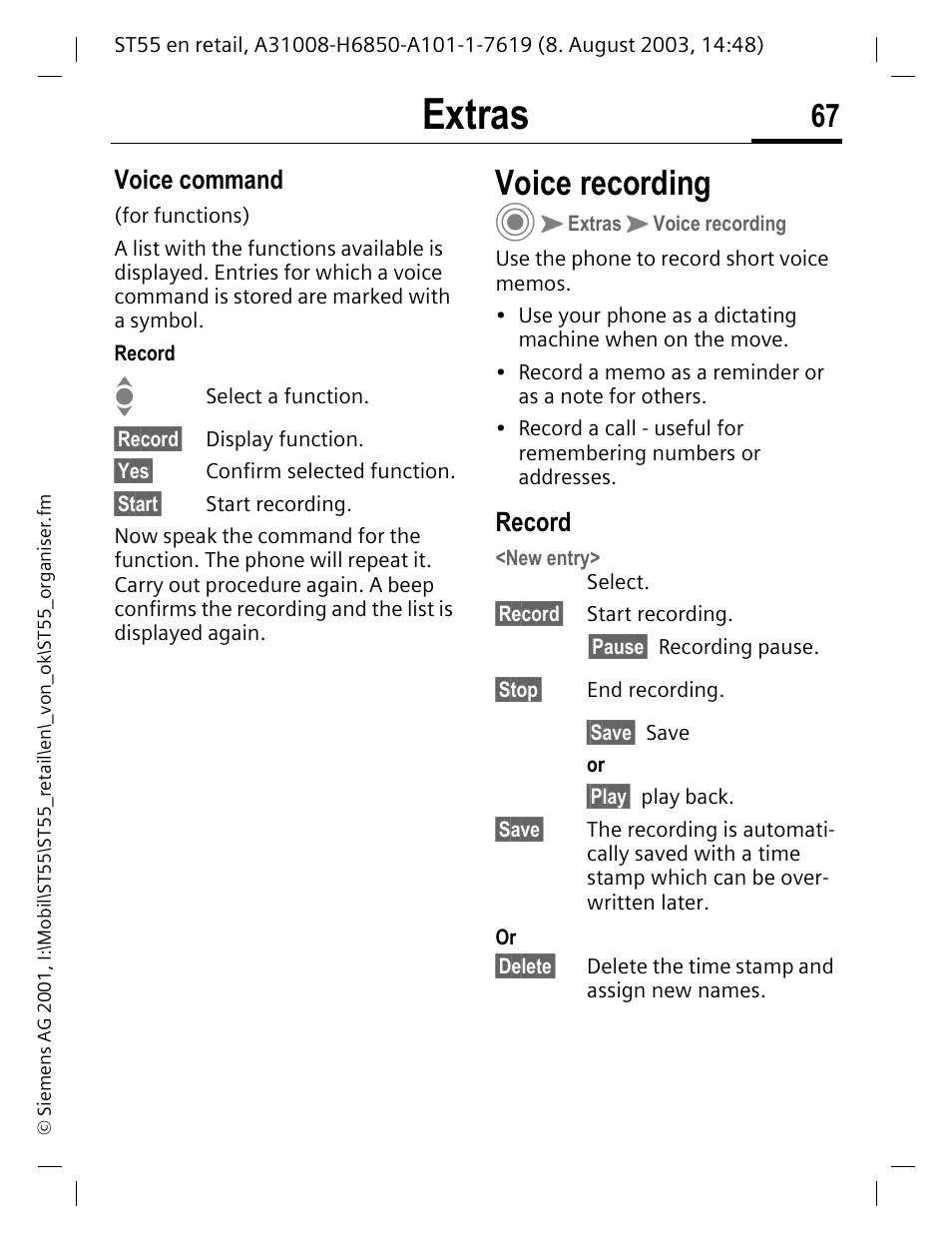 Voice command, Voice recording, Record | Extras | Siemens ST55 User Manual | Page 68 / 88